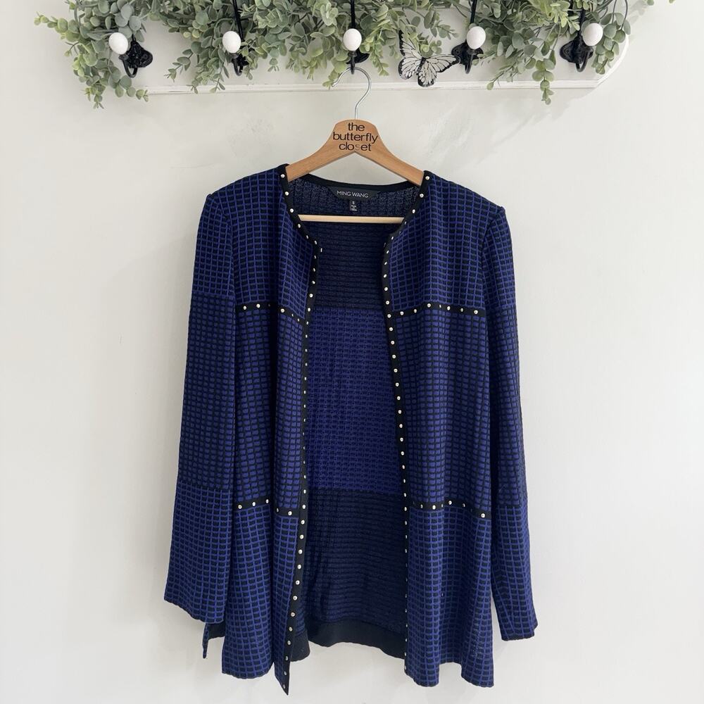 Ming Wang blue and black studded knit cardigan sweater jacket Small Quiet Luxury